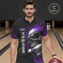Load image into Gallery viewer, Custom Black and Purple Flame Skull Bowling Shirts For Men, Personalized Skull Team Bowling Jersey NQS10794