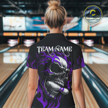 Load image into Gallery viewer, Custom Black and Purple Flame Skull Bowling Shirts For Women, Personalized Skull Team Bowling Jersey NQS10794
