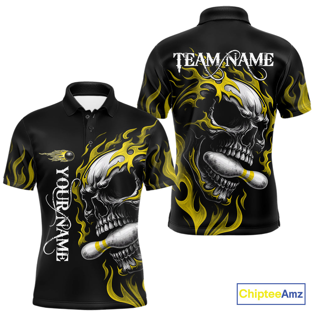 Custom Black and Gold Flame Skull Bowling Shirts For Men, Personalized Skull Team Bowling Jersey NQS10795