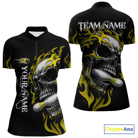 Custom Black and Gold Flame Skull Bowling Shirts For Women, Personalized Skull Team Bowling Jersey NQS10795