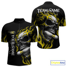 Load image into Gallery viewer, Custom Black and Gold Flame Skull Bowling Shirts For Men, Personalized Skull Team Bowling Jersey NQS10795