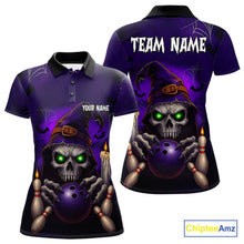 Load image into Gallery viewer, Custom Purple Skull Halloween Bowling Polo, Quarter Zip Shirts For Women, Skull Team Bowling Jersey NQS10803