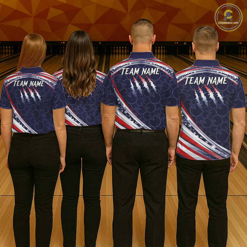 American Flag Camo Bowling Shirts For Women Custom patriotic Bowling Team Polo, 1/4 zip Jersey | Navy NQS11180