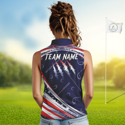 American Flag Camo Sleeveless Polo Golf Shirt Custom patriotic ladies golf shirt, golfer gifts | Navy NQS11181