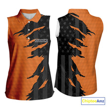 Load image into Gallery viewer, Womens sleeveless golf polos shirts orange golf ball skin black American flag ladies golf apparel NQS10070