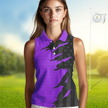 Load image into Gallery viewer, Womens sleeveless golf polos shirts purple golf ball skin black American flag ladies golf apparel NQS10071