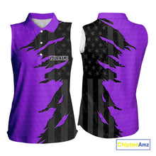 Load image into Gallery viewer, Womens sleeveless golf polos shirts purple golf ball skin black American flag ladies golf apparel NQS10071