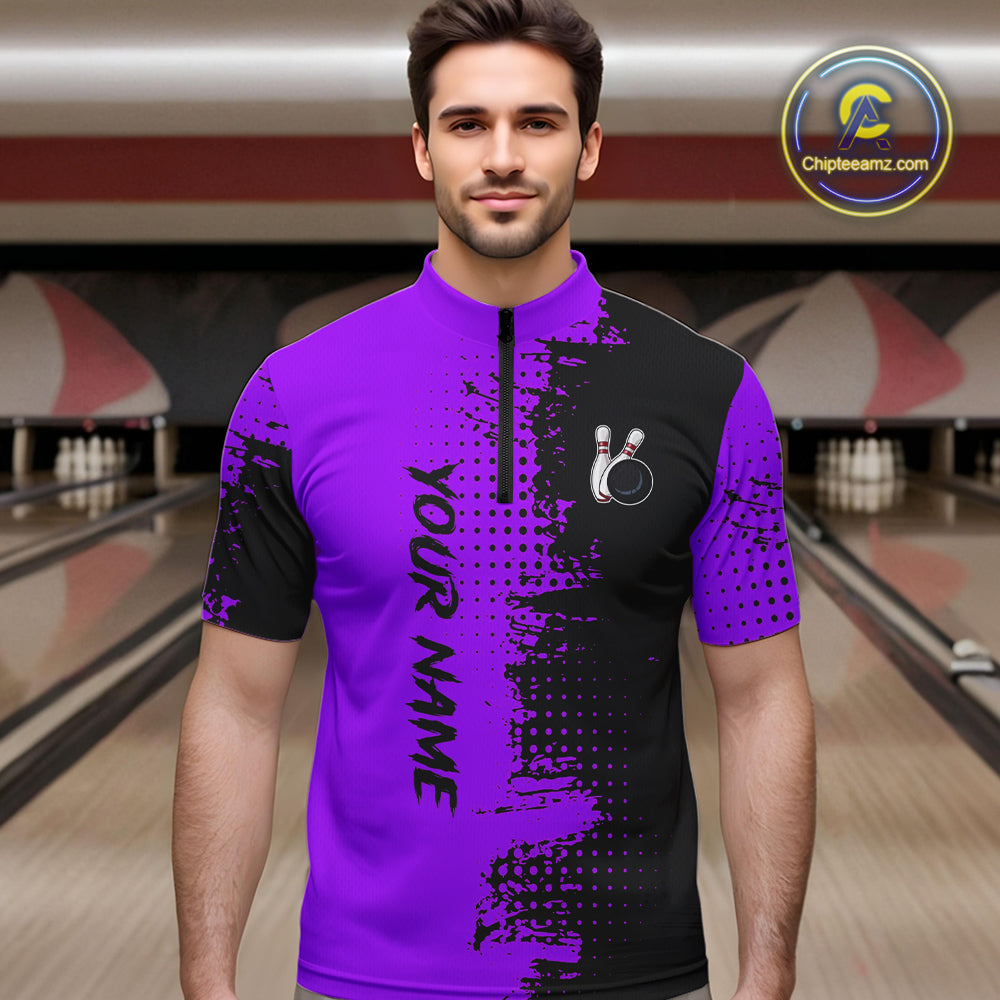 Black and Purple Bowling Polo, Quarter Zip shirts for Men Custom Bowling Team Jerseys NQS10221