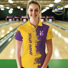 Load image into Gallery viewer, Yellow and Purple Bowling Polo, Quarter Zip shirts for Women Custom Bowling Team Jerseys NQS10222