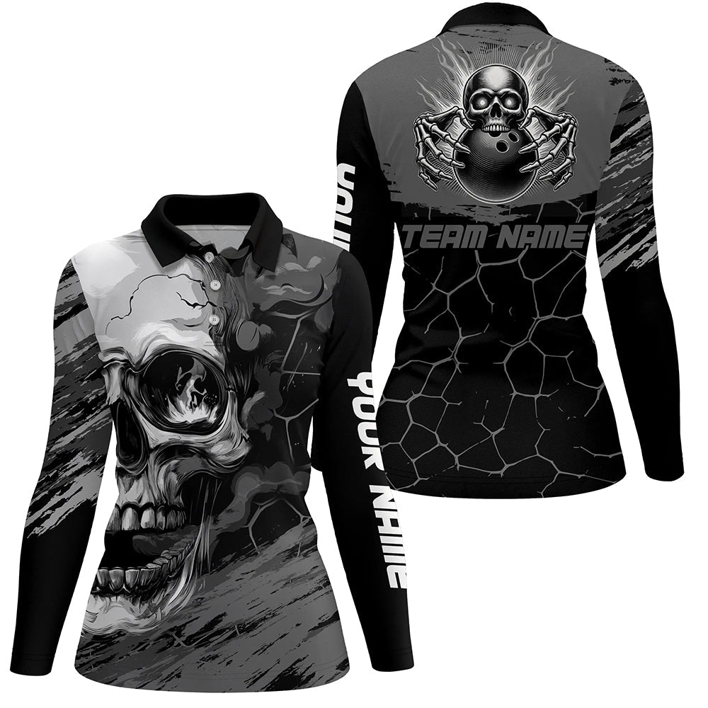 Black and Gray Skull Bowling Custom Bowling Polo, 1/4 zip Shirts For Women Bowling Team League Jerseys NQS8425