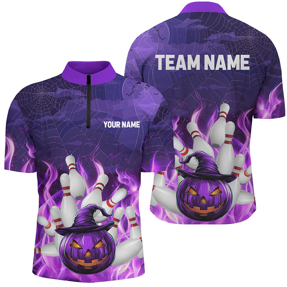 Purple Flame Halloween Pumpkin Bowling Polo, Quarter Zip Shirts For Men Custom Team Bowling Jerseys NQS8629