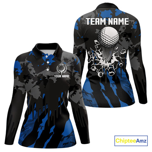 Black and Blue Camo pattern Womens Golf Polo Shirts custom ladies golf tops, cool golf gifts NQS9826