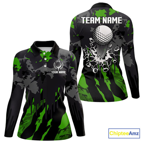 Black and Green Camo pattern Womens Golf Polo Shirts custom ladies golf tops, cool golf gifts NQS9827