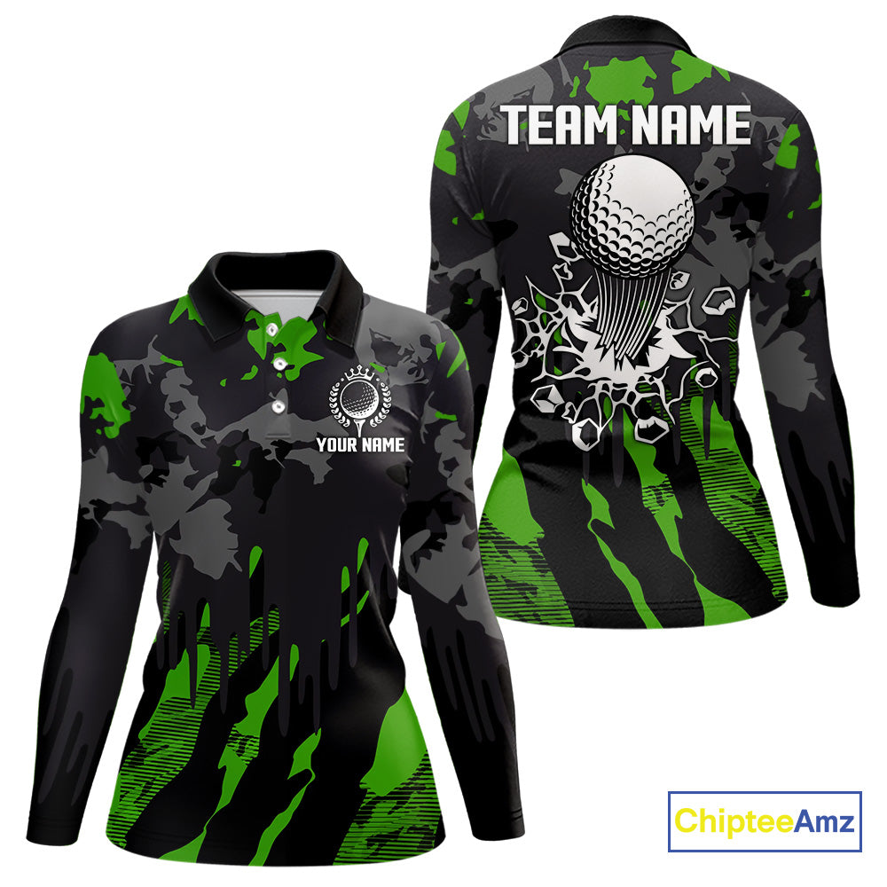 Black and Green Camo pattern Womens Golf Polo Shirts custom ladies golf tops, cool golf gifts NQS9827