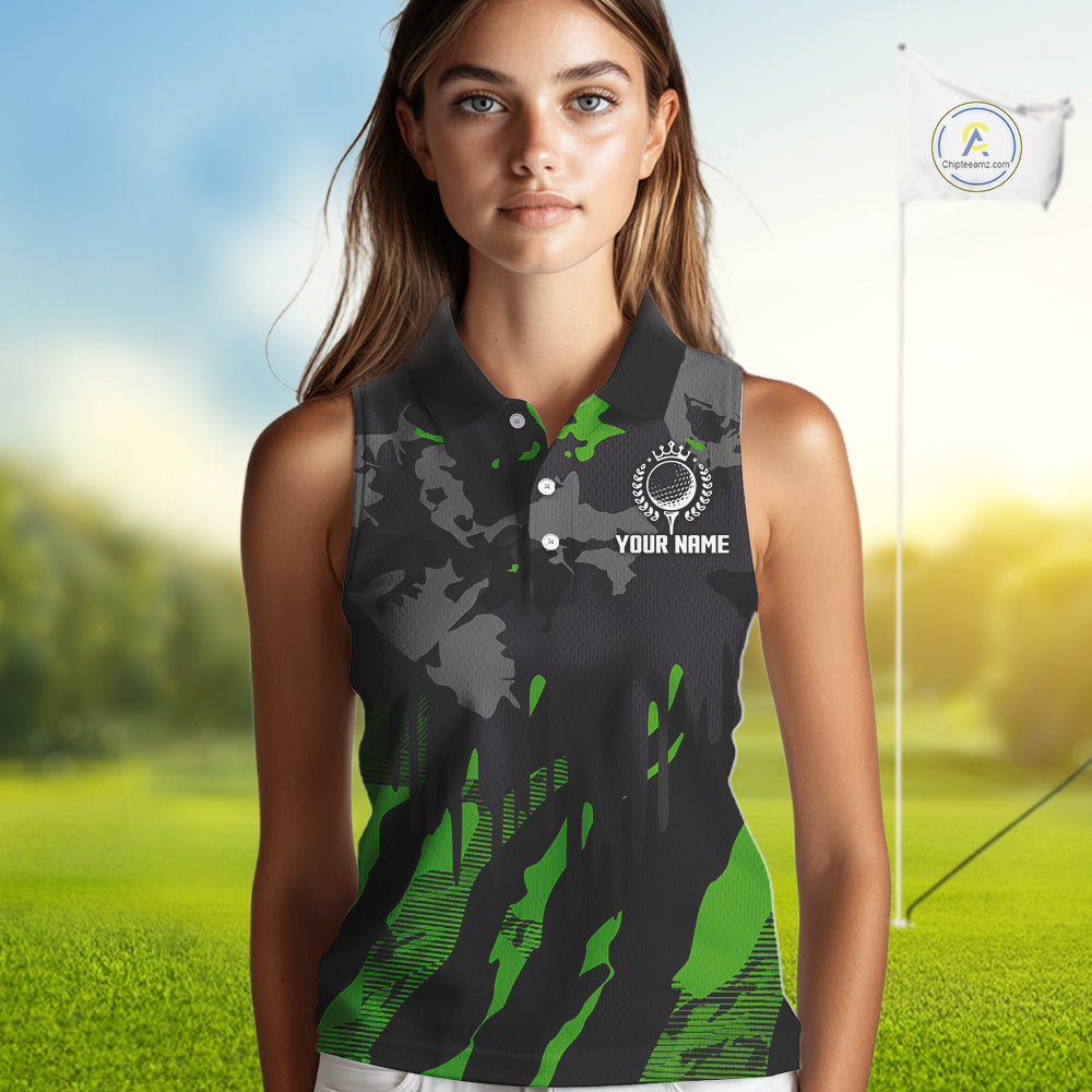 Black and Green Camo pattern Womens Sleeveless Polo Shirts custom ladies golf tops, cool golf gifts NQS9827