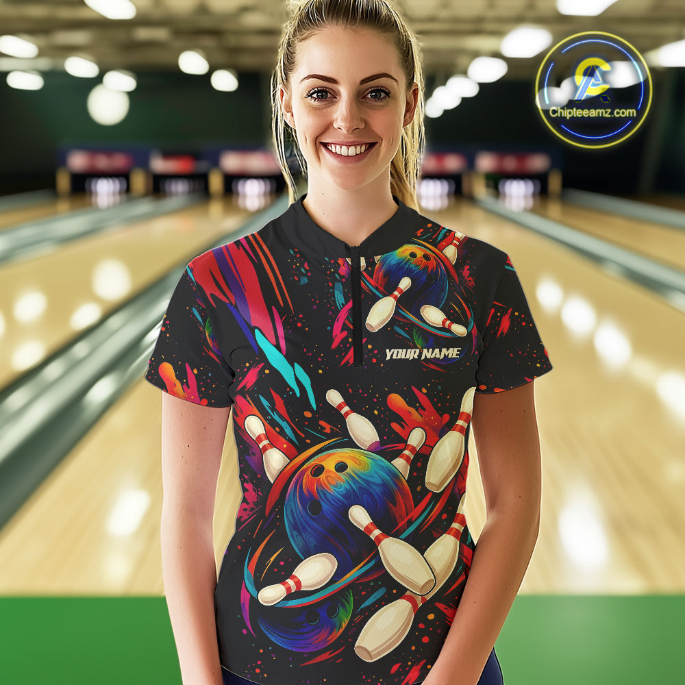 Colorful Watercolor bowling ball and pins Team jerseys Custom Women bowling Polo, Quarter Zip Shirt NQS9833