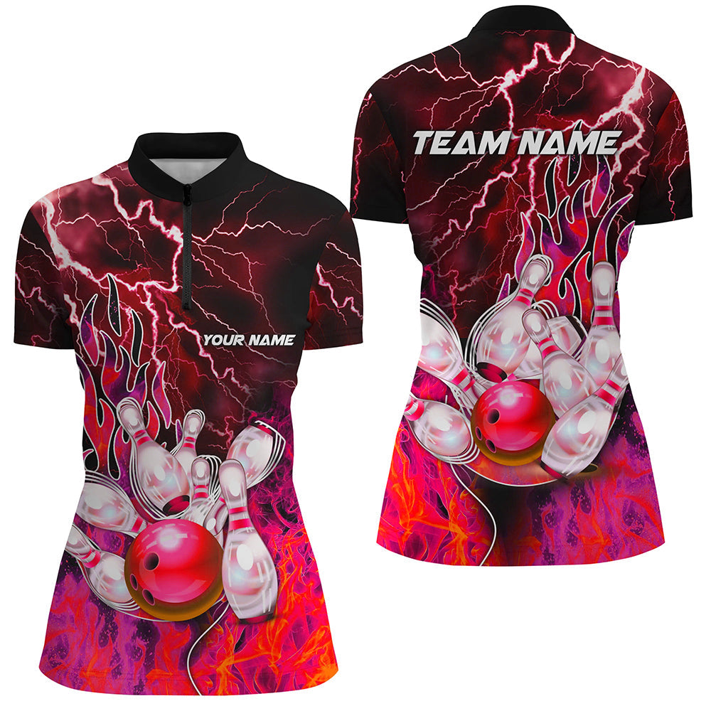 Women Bowling Polo, 1/4 Zip Shirt Custom red lightning thunder Bowling Team Jersey, gift for Bowler NQS8175