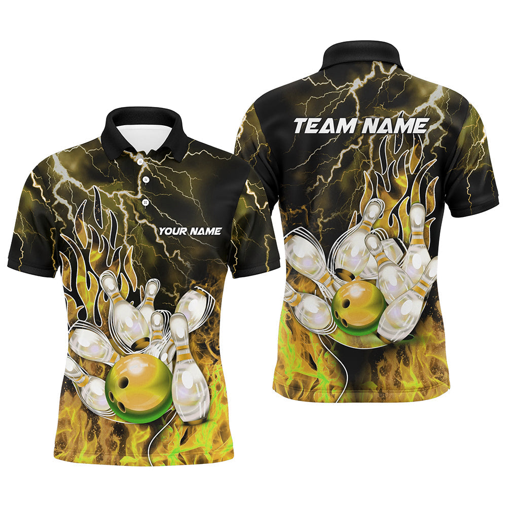 Men Bowling Polo, 1/4 Zip Shirt Custom yellow lightning thunder Bowling Team Jersey, gift for Bowlers NQS8176