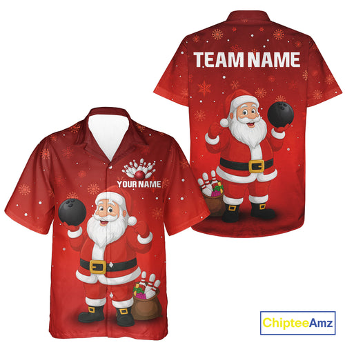 Funny Santa Bowling Red Christmas snowflake pattern Hawaiian Bowling Shirt Custom Xmas Bowling Outfit NQS10992