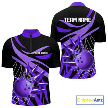 Load image into Gallery viewer, Purple flame bowling 1/4 zip, mens polo bowling shirts Custom Team bowling shirts for men NQS11395
