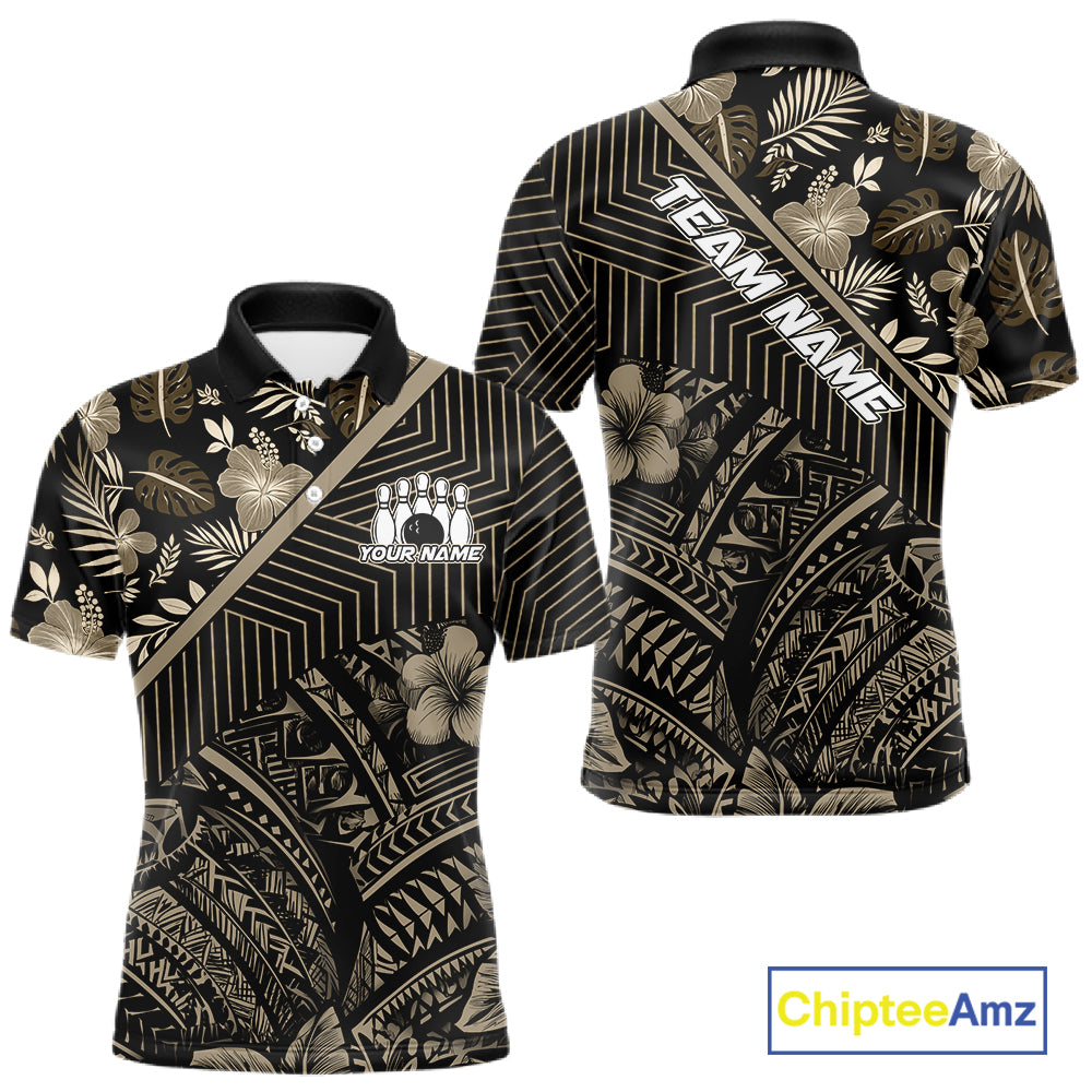 Black tribal pattern Bowling Polo, 1/4 zip Shirts For Men Custom Team Bowling Jerseys NQS11389