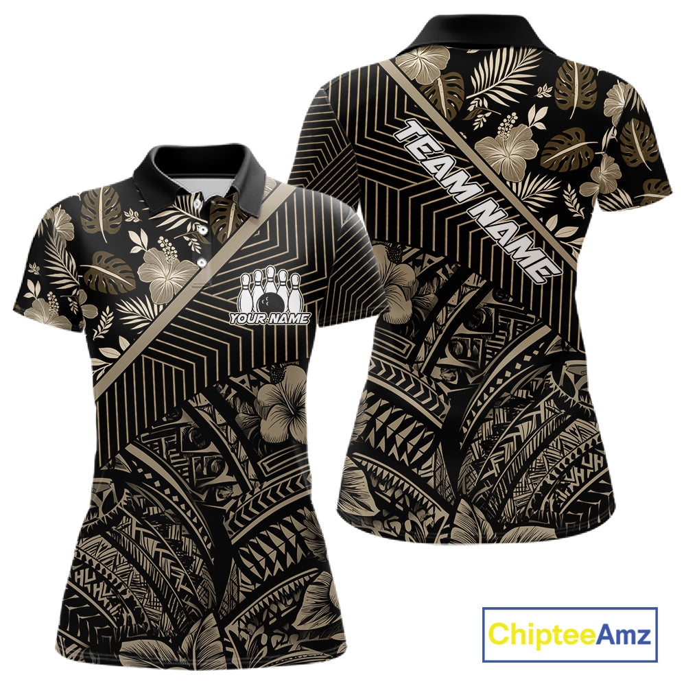 Black tribal pattern Bowling Polo, 1/4 zip Shirts For Women Custom Team Bowling Jerseys NQS11389