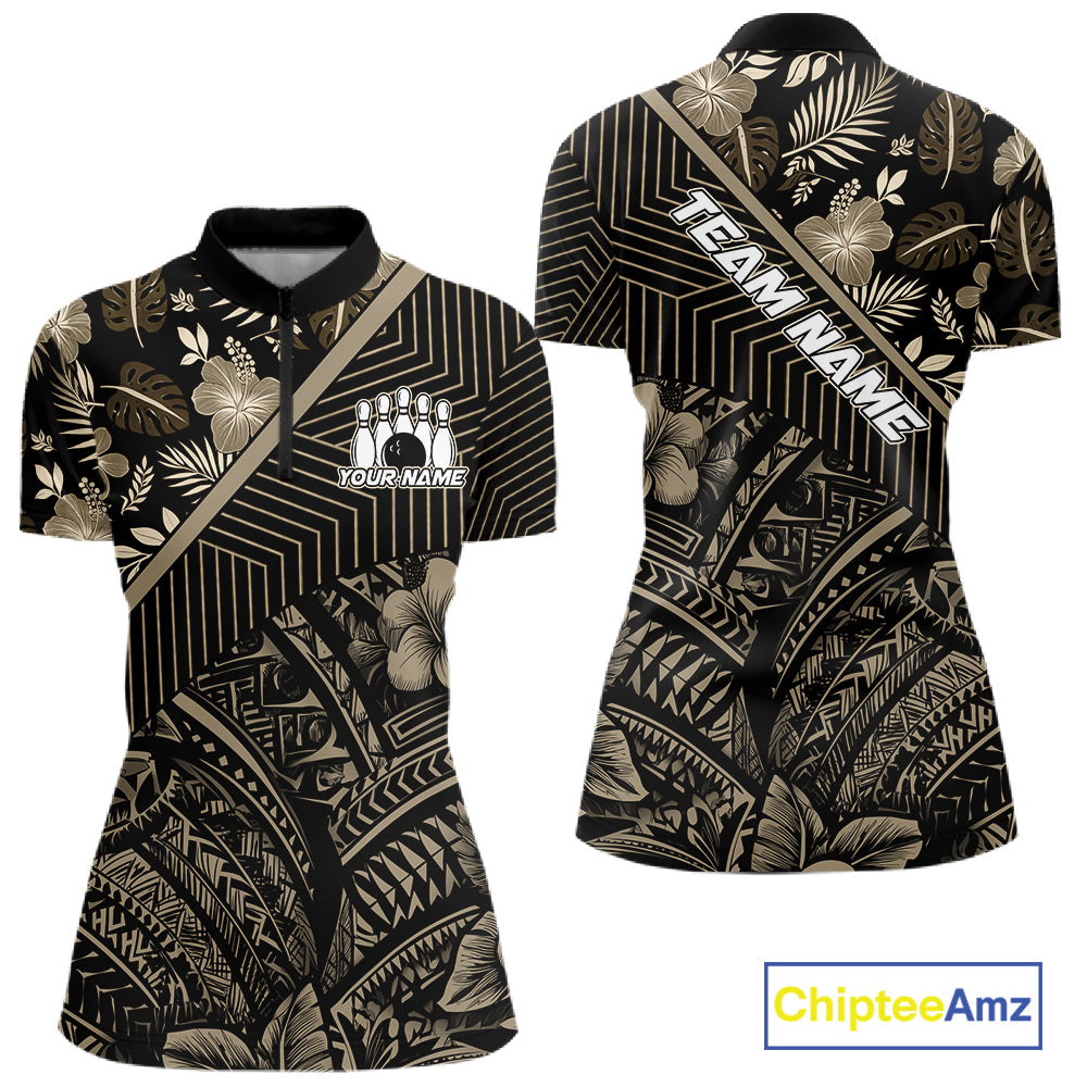 Black tribal pattern Bowling Polo, 1/4 zip Shirts For Women Custom Team Bowling Jerseys NQS11389