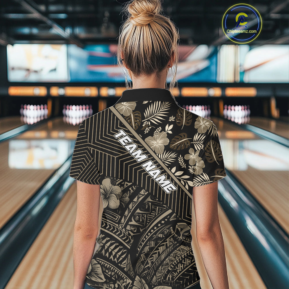 Black tribal pattern Bowling Polo, 1/4 zip Shirts For Women Custom Team Bowling Jerseys NQS11389