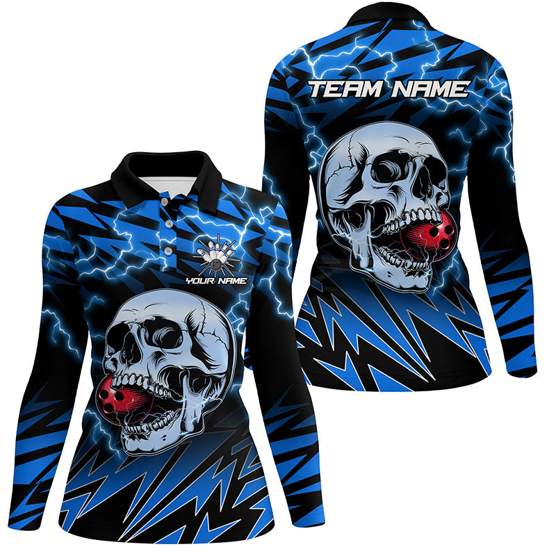 Women bowling polo shirts Custom blue lightning thunder Skull Bowling Team Jersey, gift for Bowlers NQS7420