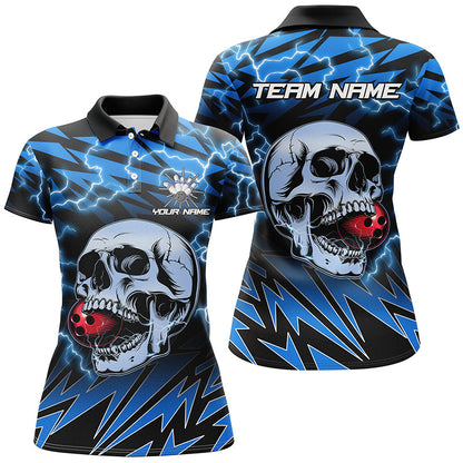 Women bowling polo shirts Custom blue lightning thunder Skull Bowling Team Jersey, gift for Bowlers NQS7420