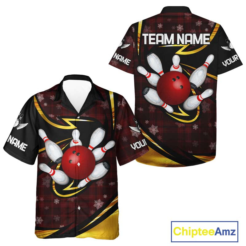 Red Christmas Plaid pattern snowflake Black and Gold Bowling Hawaiian Shirt Custom Xmas Bowling Gifts NQS10997