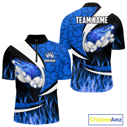 Blue Flame Bowling Camo Bowling Polo, Quarter Zip Shirts For Men Custom Bowling Team Bowler Jerseys NQS11195