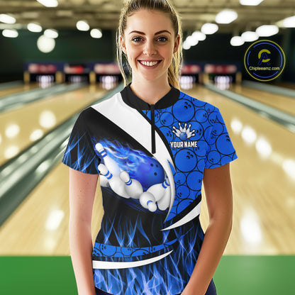 Blue Flame Bowling Camo Bowling Polo, Quarter Zip Shirts For Women Custom Bowling Team Bowler Jerseys NQS11195