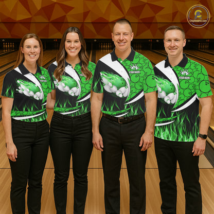 Green Flame Bowling Camo Bowling Polo, Quarter Zip Shirts For Women Custom Bowling Team Bowler Jersey NQS11196
