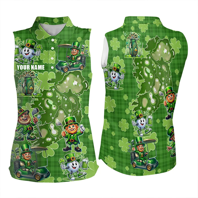 Personalized Green Shamrock Lucky Womens sleeveless polo shirt custom St patrick Day ladies golf tops NQS9327