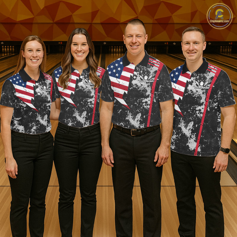 American Flag grunge Women Bowling polo shirts, 1/4 zip shirt Custom patriotic team bowling jerseys NQS11405