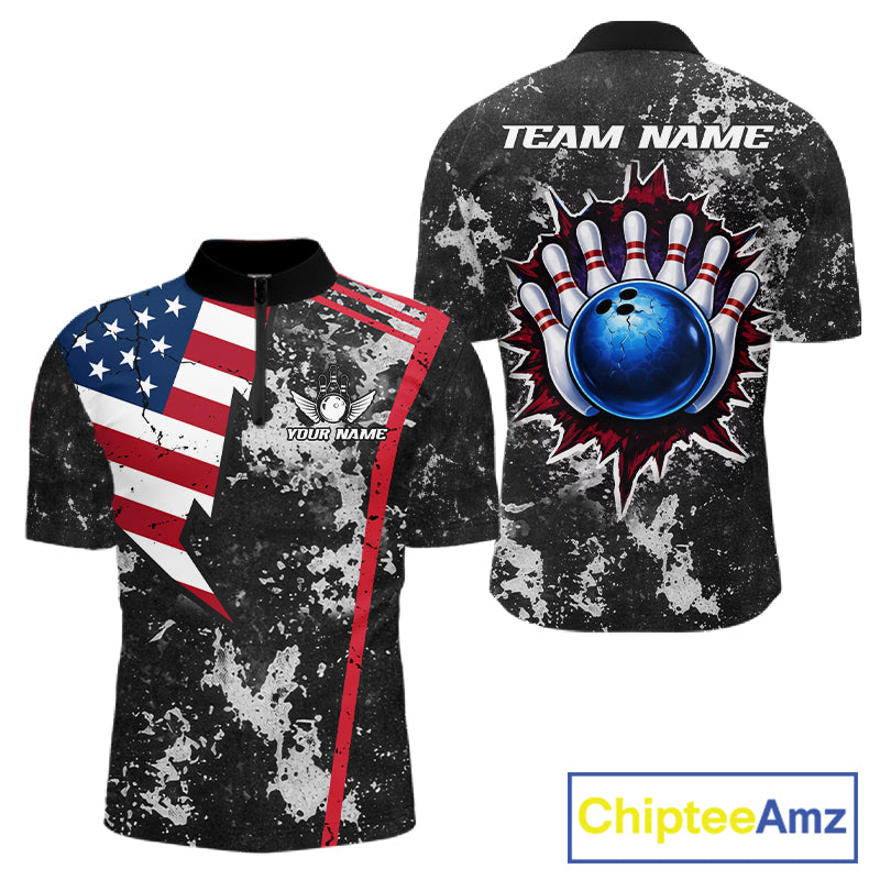 American Flag grunge Bowling polo shirts, 1/4 zip shirt for men Custom patriotic team bowling jerseys NQS11405