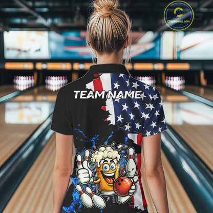 Funny Beer Bowling Shirts for Women Custom US Flag Patriotic Team Bowling Jerseys Uniforms NQS11602