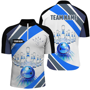 Blue Light Bowling Polo, Quarter Zip Shirt for men Custom Bowling ball and pins Team League Jerseys NQS7586