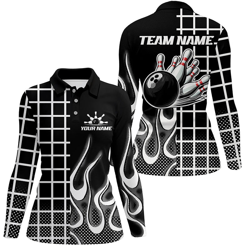 Black and white retro Bowling Polo, Quarter Zip Shirt for Women Custom Bowling Team League Jerseys NQS7588