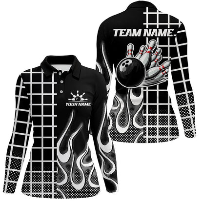 Black and white retro Bowling Polo, Quarter Zip Shirt for Women Custom Bowling Team League Jerseys NQS7588