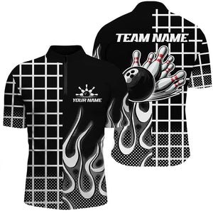 Black and white retro Bowling Polo, Quarter Zip Shirt for Men Custom Bowling Team League Jerseys NQS7588