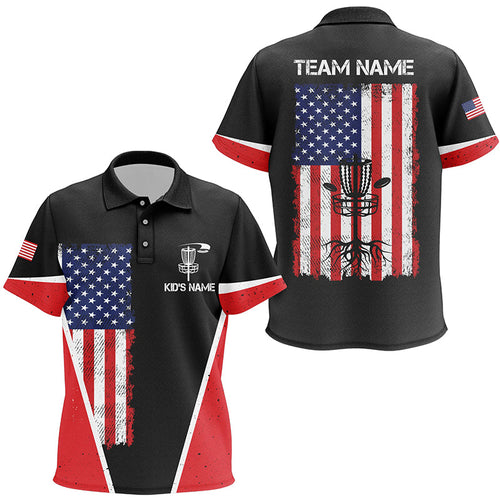 Black Kid Disc golf polo shirts vintage American flag patriot custom disc golf shirt for Kid NQS7993