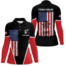 Load image into Gallery viewer, Black Womens Disc golf polo shirts vintage American flag patriot custom disc golf shirt for Ladies NQS7993
