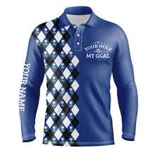 Load image into Gallery viewer, Funny Mens golf polo shirt blue argyle pattern custom name your hole is my goal, golfing gifts for men NQS6091