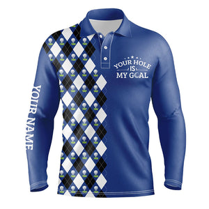 Funny Mens golf polo shirt blue argyle pattern custom name your hole is my goal, golfing gifts for men NQS6091