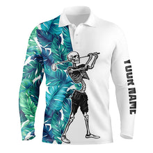 Load image into Gallery viewer, Funny Skull Mens Golf polo shirts tropical turquoise leaves custom Skull playing golf apparel NQS6094