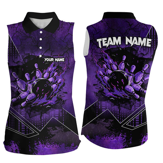 Purple grunge flame bowling ball pins Women Bowling sleeveless Polo shirt custom bowling Team jerseys NQS8203