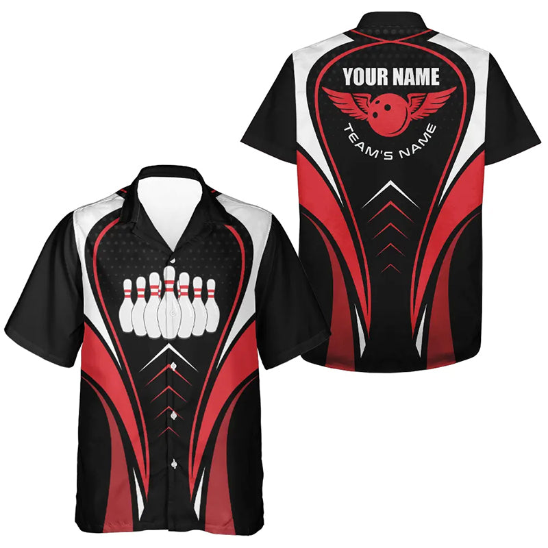 Personalized 3D bowling hawaiian shirts Custom Red white and black bowling ball Team button up shirts NQS6539