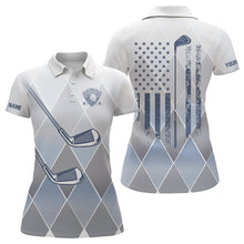 Load image into Gallery viewer, Blue argyle pattern American flag Golf clubs Womens Golf Polo Shirts Custom Golf shirt for ladies NQS9126